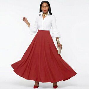 Wine Red High-Waist Maxi Skirt with Pockets